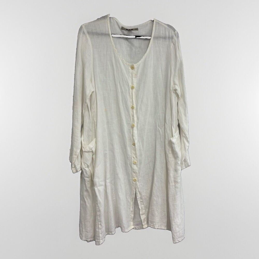 Flax Linen Dress Size Small White Long Sleeve Pockets Button Down